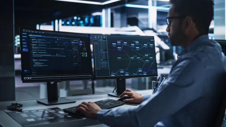 Cybersecurity analyst monitoring threats across multiple screens